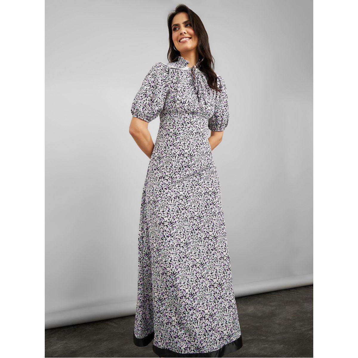 Styli Short Puff Sleeves Floral Print Tie-Up Neck A-Line Maxi Dress-women-clothing-dresses-image-1