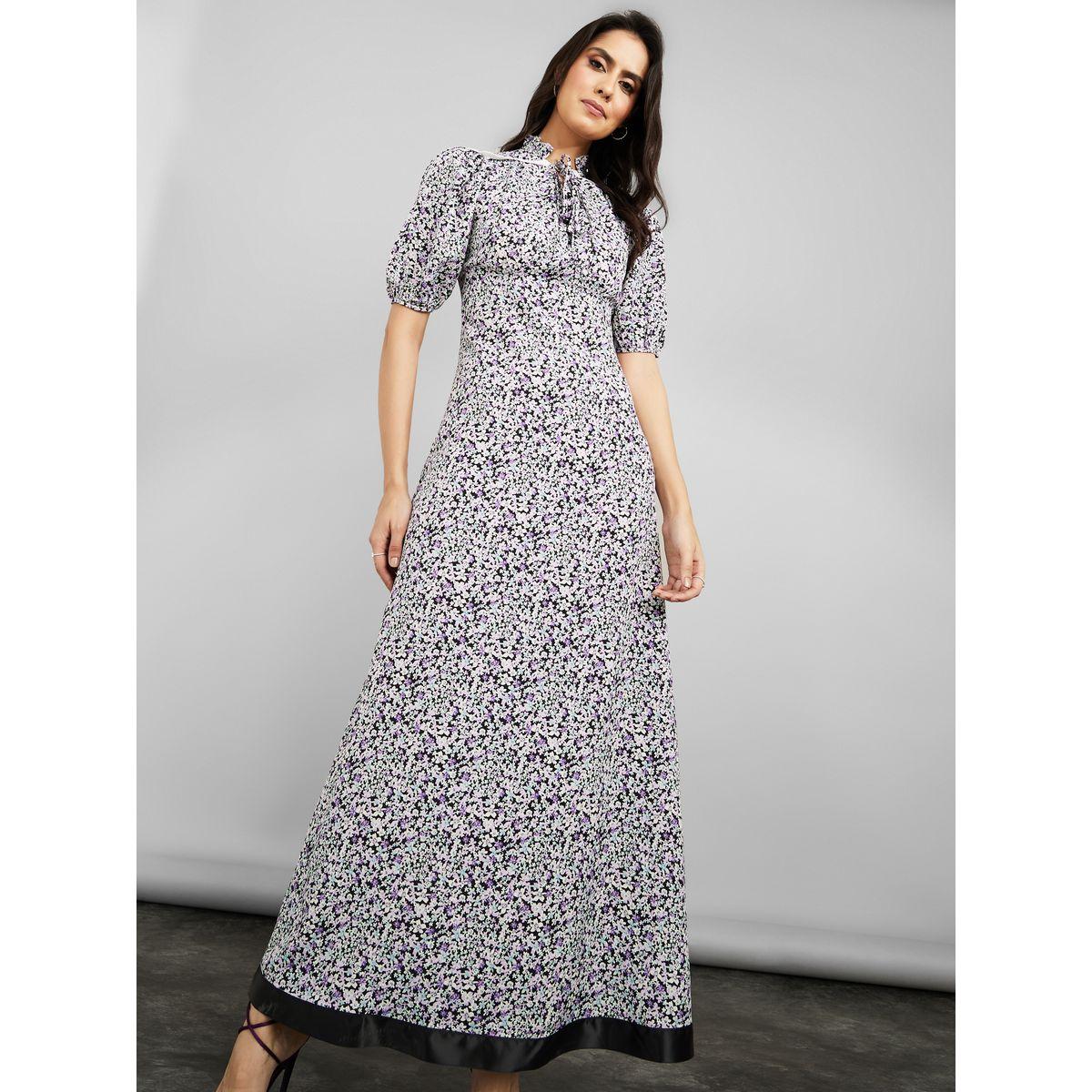 Styli Short Puff Sleeves Floral Print Tie-Up Neck A-Line Maxi Dress-women-clothing-dresses-image-2