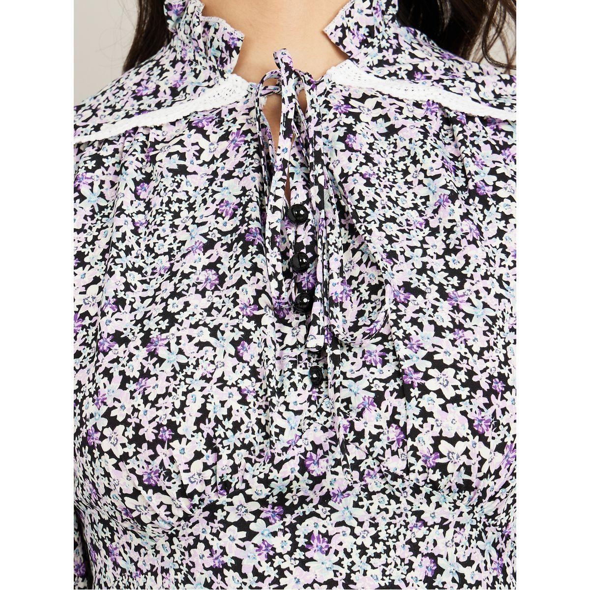 Styli Short Puff Sleeves Floral Print Tie-Up Neck A-Line Maxi Dress-women-clothing-dresses-image-3