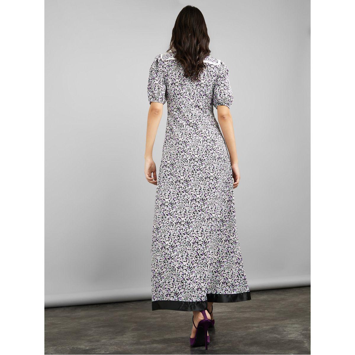 Styli Short Puff Sleeves Floral Print Tie-Up Neck A-Line Maxi Dress-women-clothing-dresses-image-4