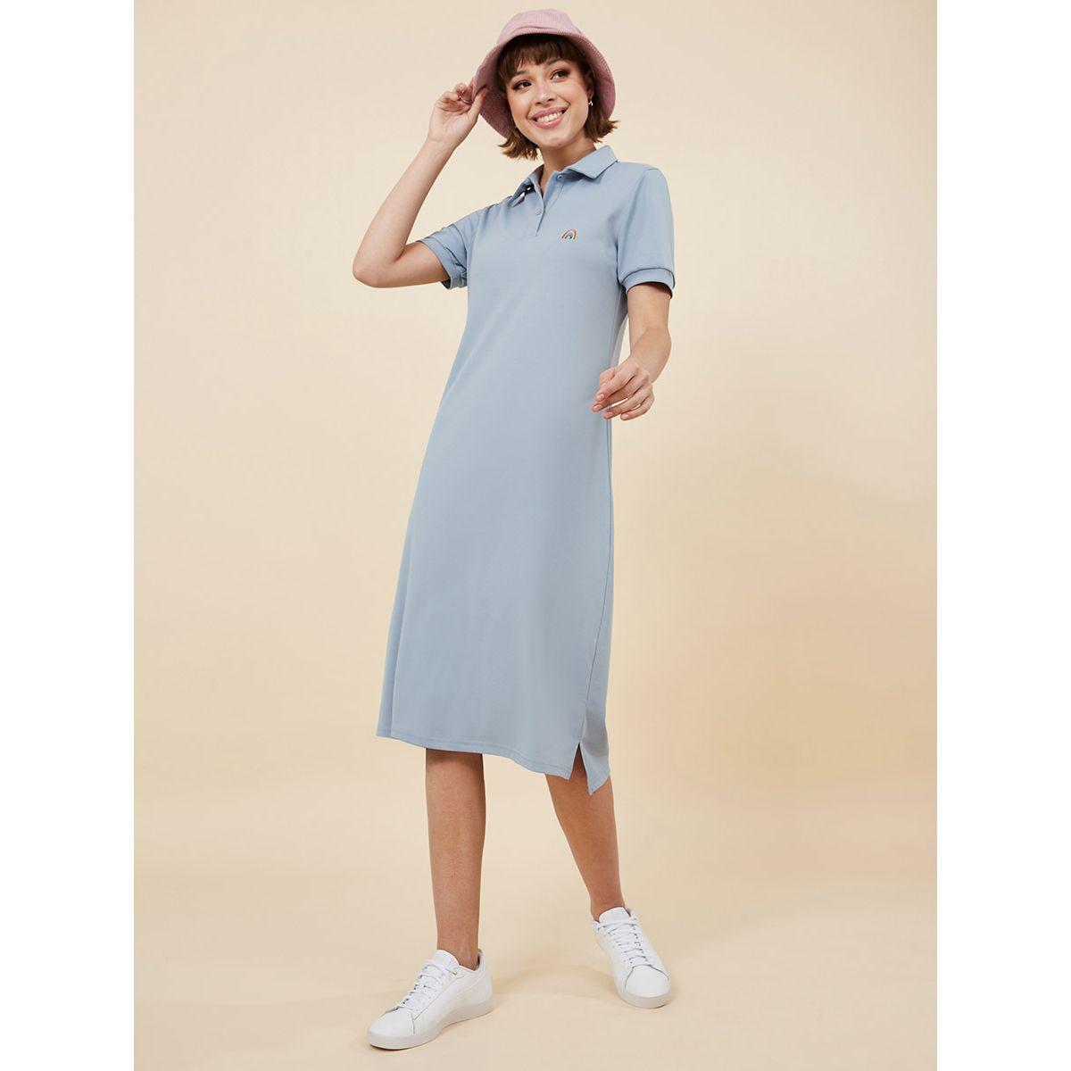 Styli Short Sleeves Rainbow Detail Polo Neck T-shirt Midi Dress-women-clothing-dresses-image-1