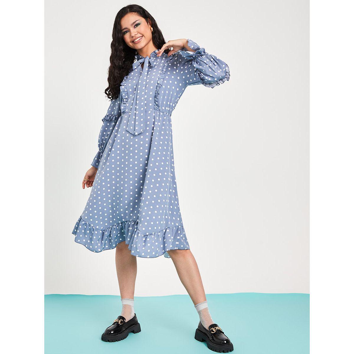 Styli Pussybow Neck Ruffle Detail Polka Dot A-Line Midi Dress-women-clothing-dresses-image-1