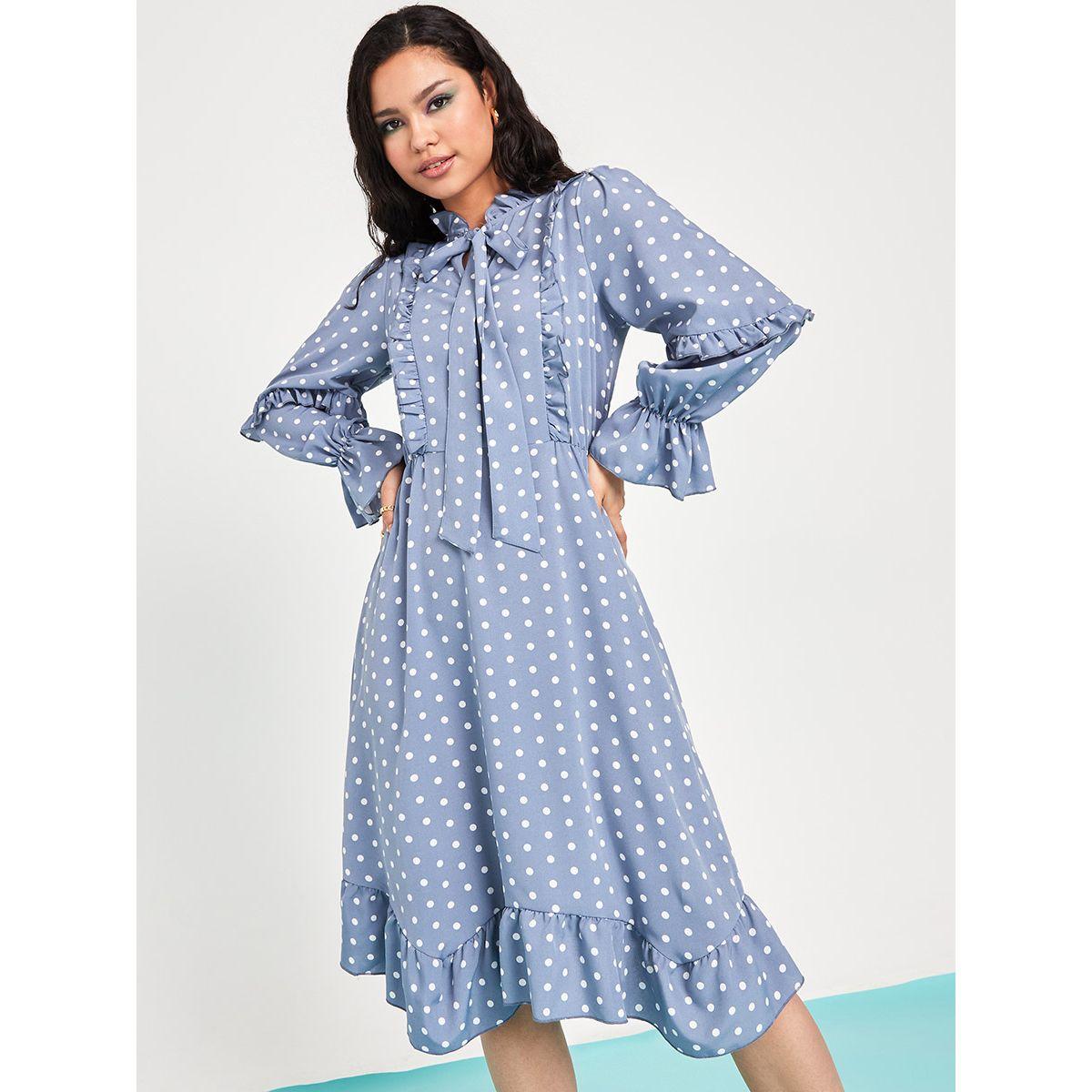 Styli Pussybow Neck Ruffle Detail Polka Dot A-Line Midi Dress-women-clothing-dresses-image-2