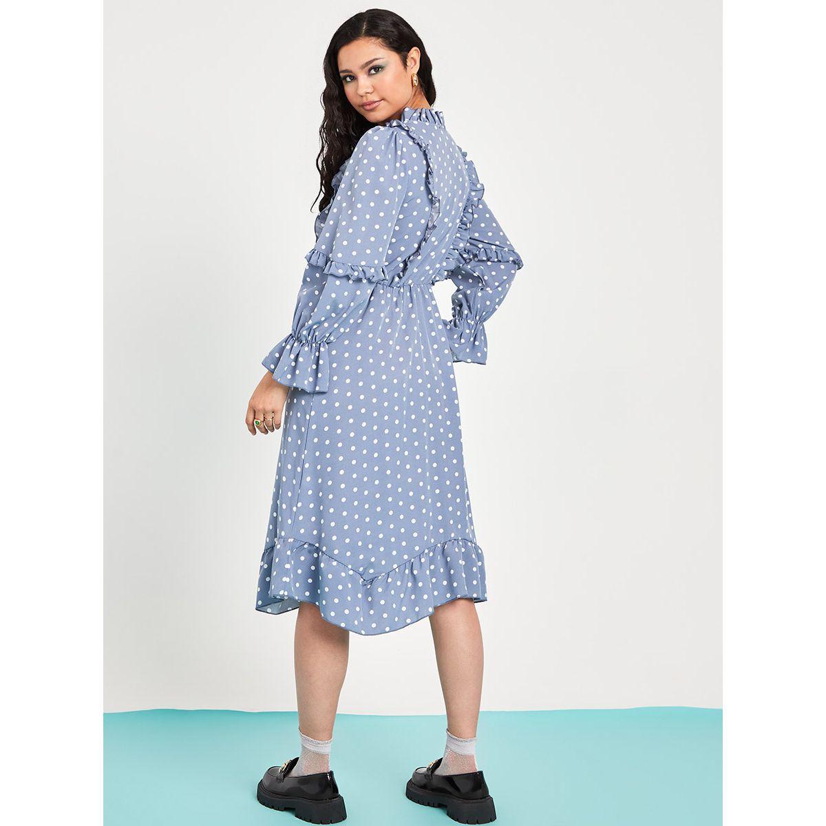 Styli Pussybow Neck Ruffle Detail Polka Dot A-Line Midi Dress-women-clothing-dresses-image-4