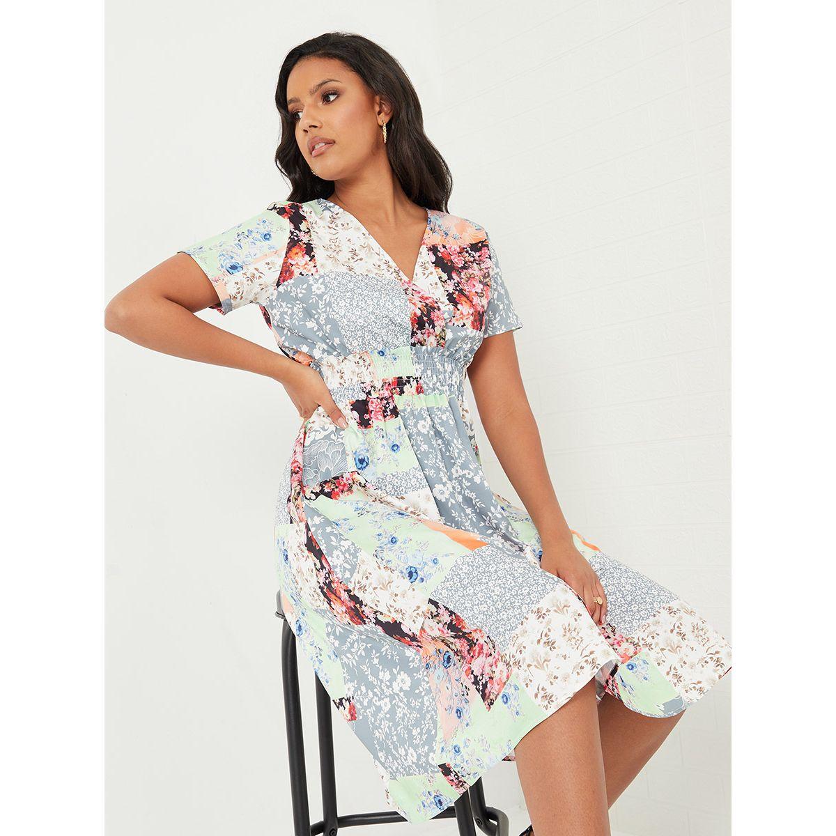 فستان مطبع بزهور واكمام قصيرة-women-clothing-dresses-image-1