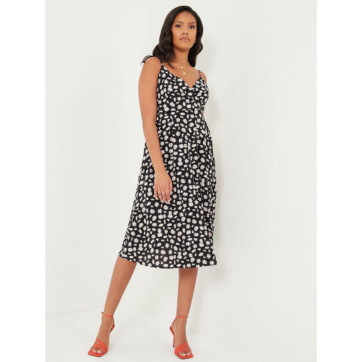 Styli Strappy V Neck Ditsy Print A-Line Midi Dress-women-clothing-dresses-image-2