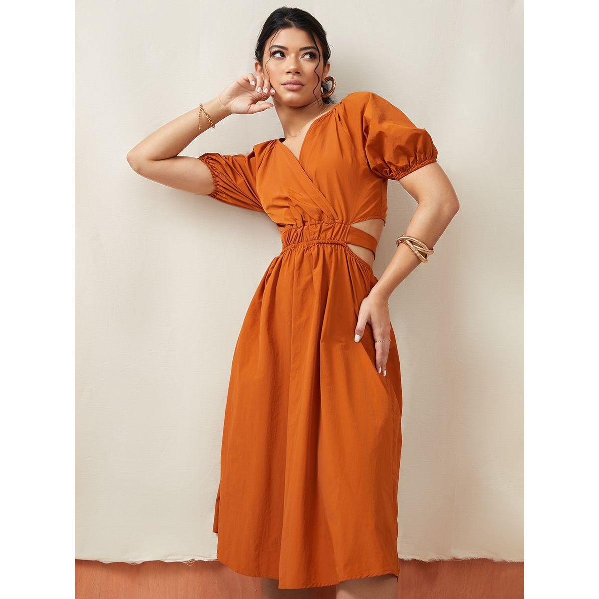 Styli Cuffed Sleeves Cut-Out Waist Detail A-Line Midi Dress-women-clothing-dresses-image-1