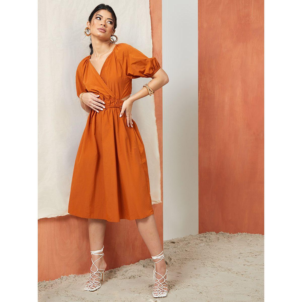 Styli Cuffed Sleeves Cut-Out Waist Detail A-Line Midi Dress-women-clothing-dresses-image-2