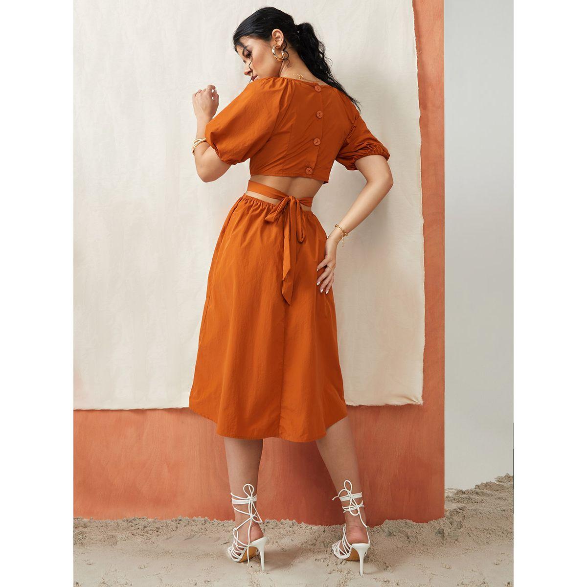 Styli Cuffed Sleeves Cut-Out Waist Detail A-Line Midi Dress-women-clothing-dresses-image-4