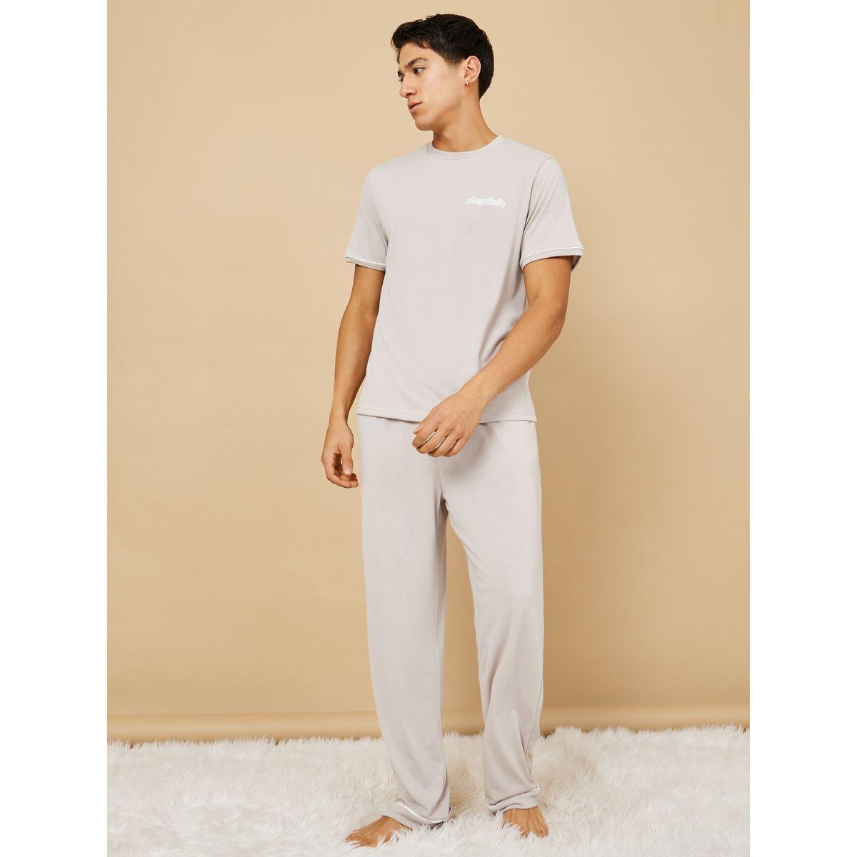 Styli Unwind Slogan Print T-Shirt & Pyjama Set with Piping Detail-men-clothing-nightwear-sets-image-1