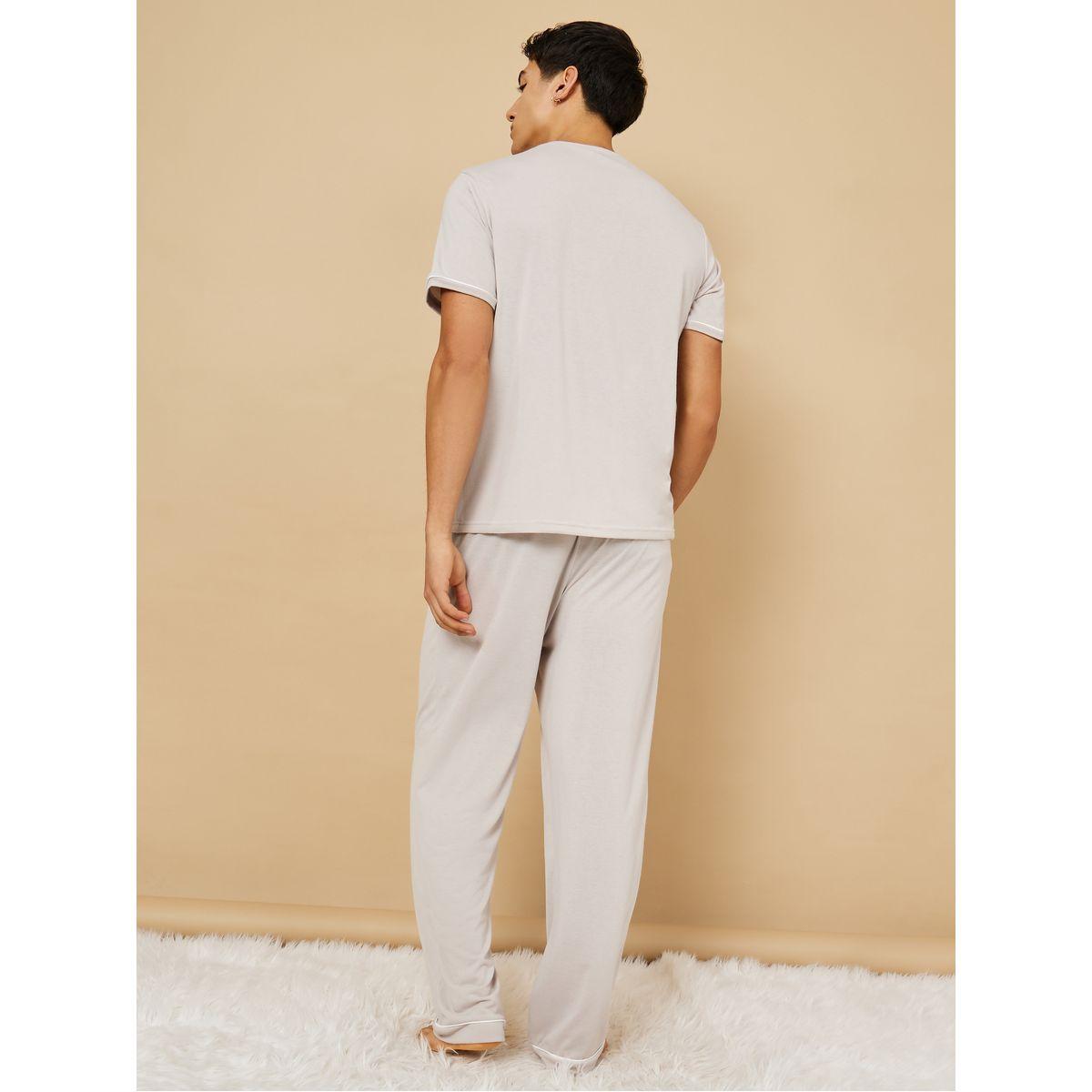Styli Unwind Slogan Print T-Shirt & Pyjama Set with Piping Detail-men-clothing-nightwear-sets-image-5
