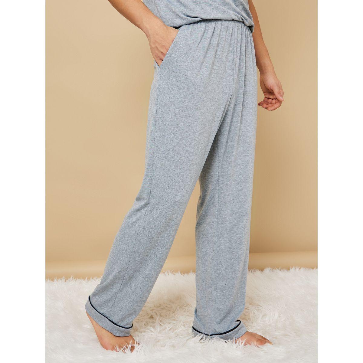 Styli Slogan Print T-Shirt & Pyjama Set with Piping Detail-men-clothing-nightwear-sets-image-4