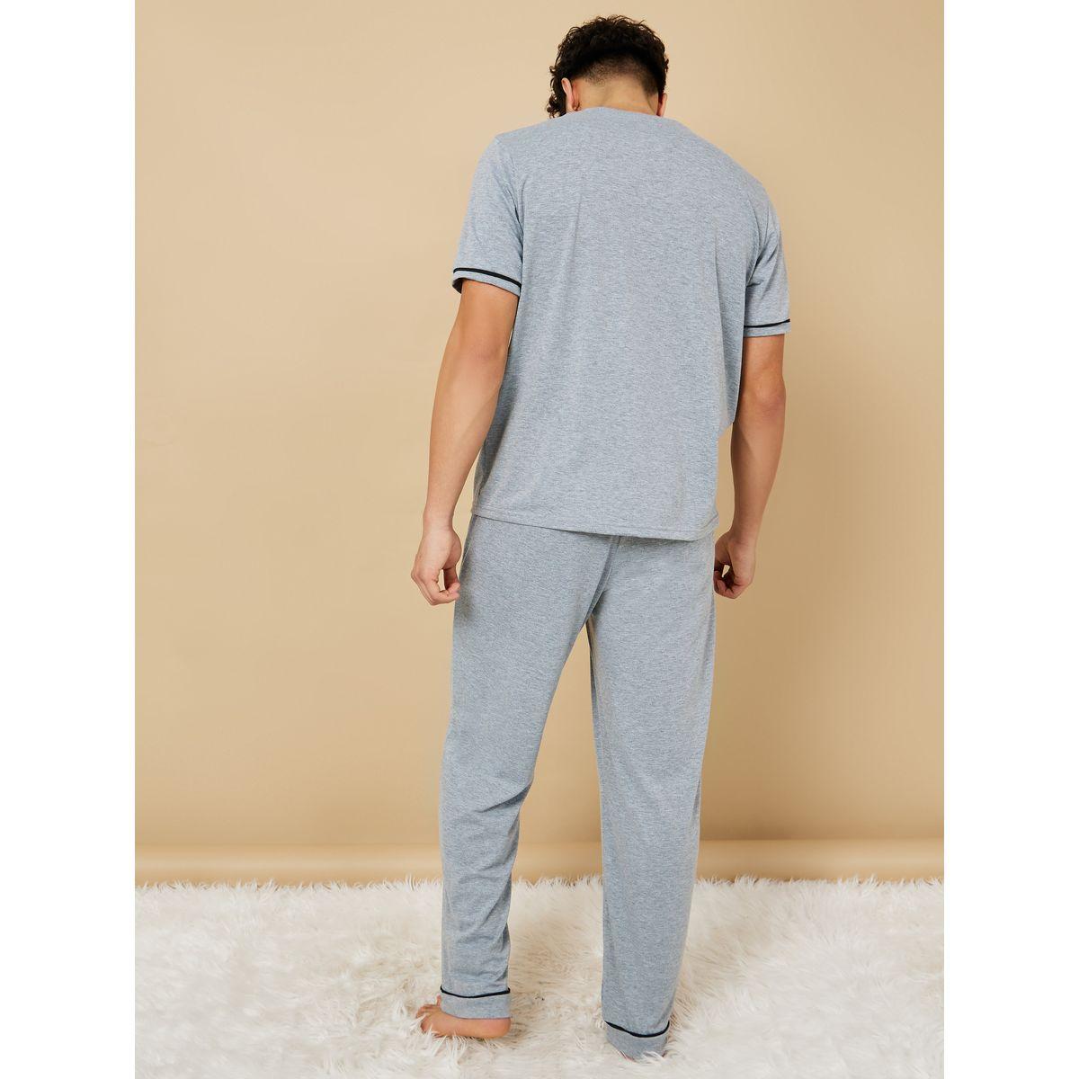 Styli Slogan Print T-Shirt & Pyjama Set with Piping Detail-men-clothing-nightwear-sets-image-5