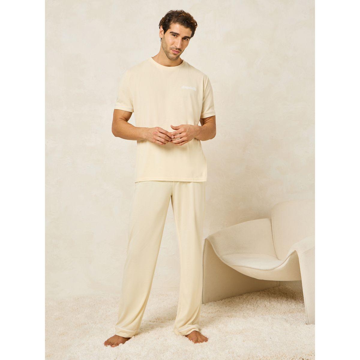 Styli Unwind Minimal Print T-Shirt & Piping Detail Pyjama Set-men-clothing-nightwear-sets-image-1
