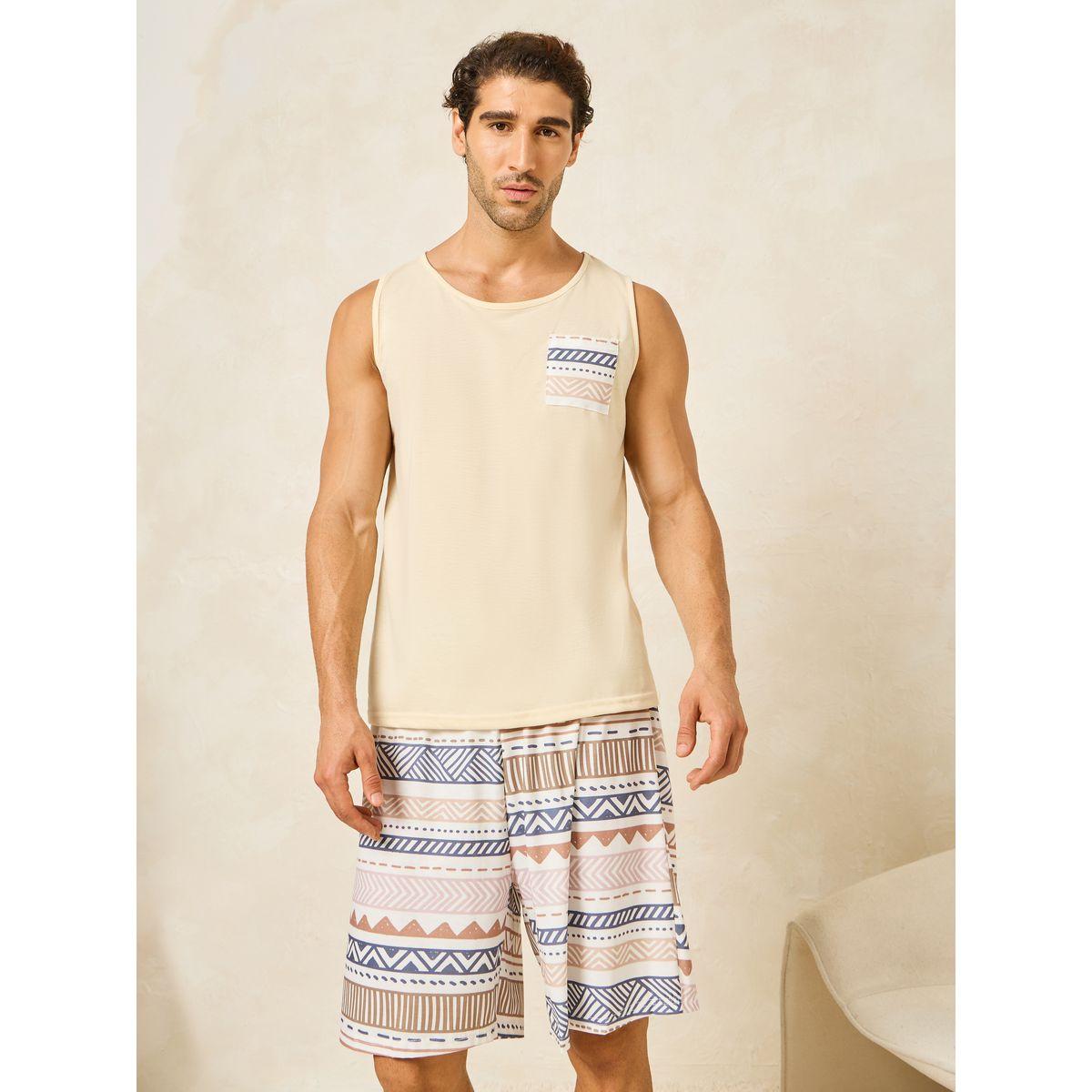 مجموعة من شورت مع تيشيرت كت بتفاصيل جيب-men-clothing-nightwear-sets-image-2