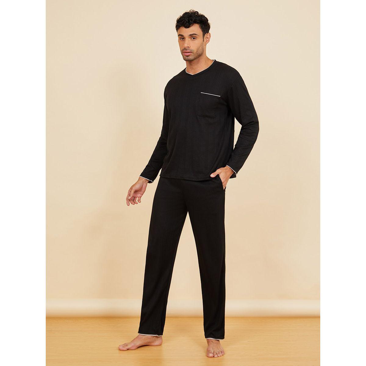 Styli Contrast Binding Detail Knit T-shirt and Pyjama Set-men-clothing-nightwear-sets-image-1