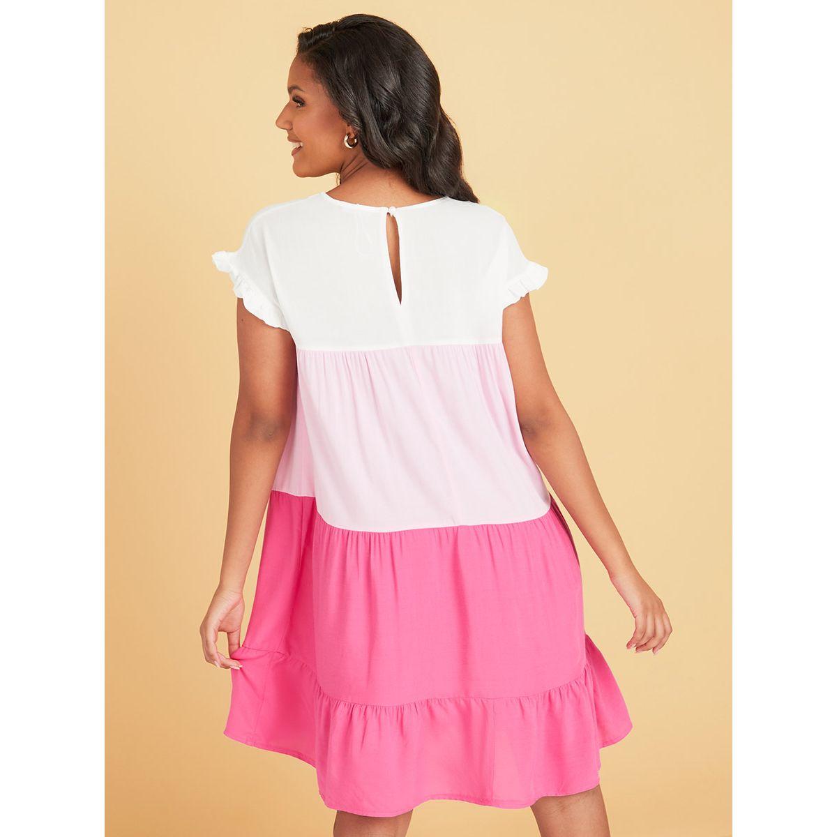 Styli Short Sleeves Round Neck Colorblock Tiered Knee Length Dress-women-clothing-dresses-image-5