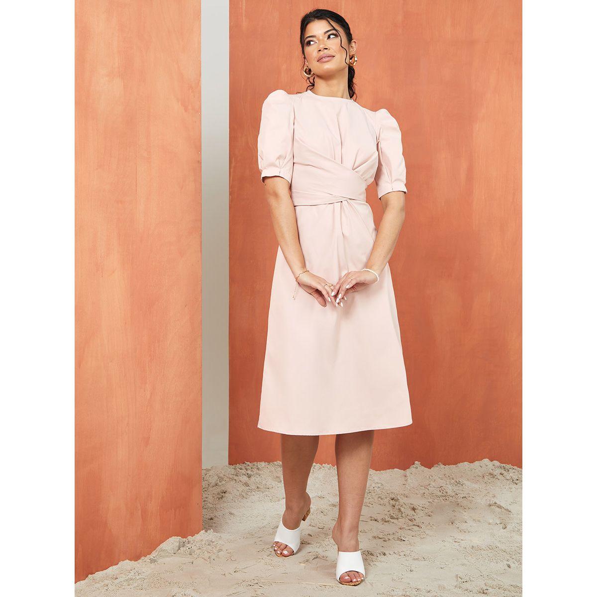 Styli Short Puff Sleeves Self Tie Belt Detail A-Line Midi Dress-women-clothing-dresses-image-2
