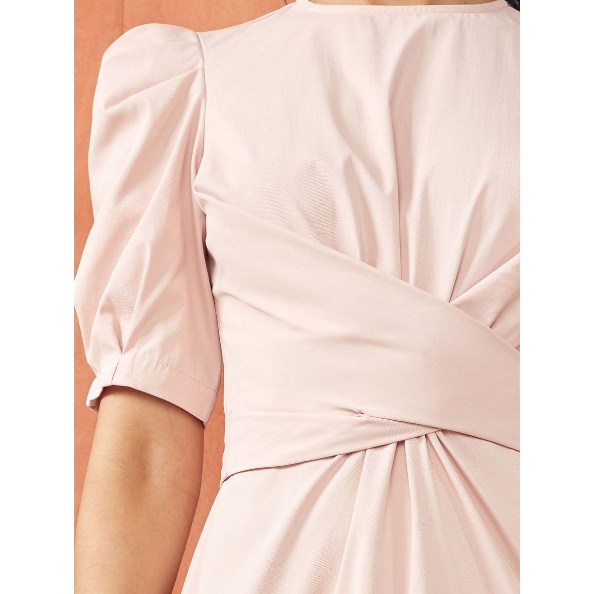Styli Short Puff Sleeves Self Tie Belt Detail A-Line Midi Dress-women-clothing-dresses-image-3