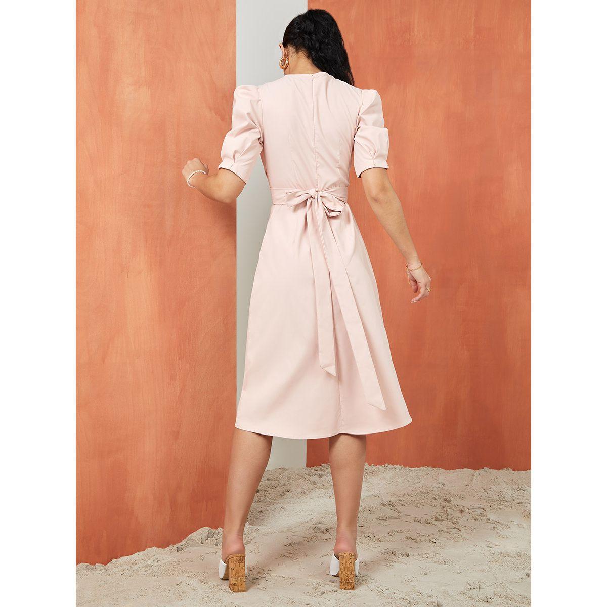 Styli Short Puff Sleeves Self Tie Belt Detail A-Line Midi Dress-women-clothing-dresses-image-4
