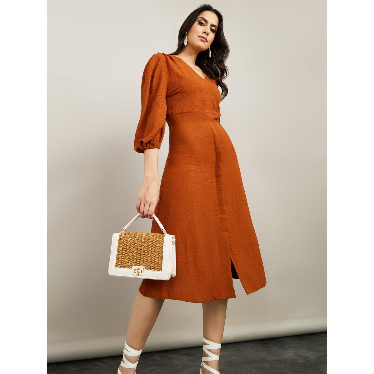 Styli 3/4 Sleeves V Neck Plain Sheath Midi Dress-women-clothing-dresses-image-1