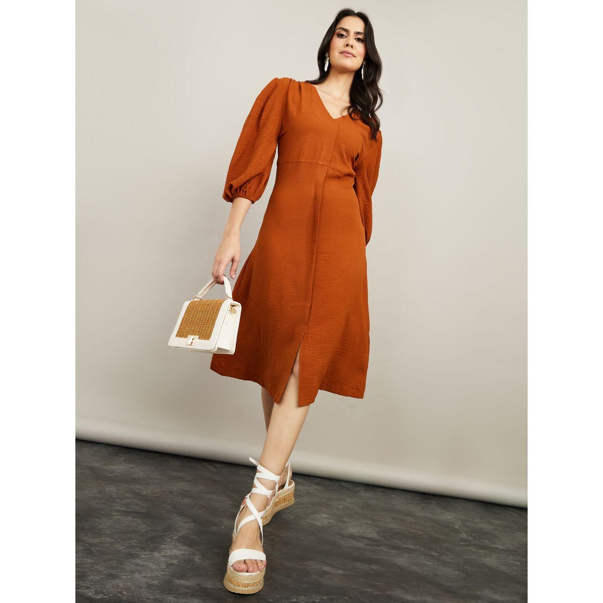 Styli 3/4 Sleeves V Neck Plain Sheath Midi Dress-women-clothing-dresses-image-3