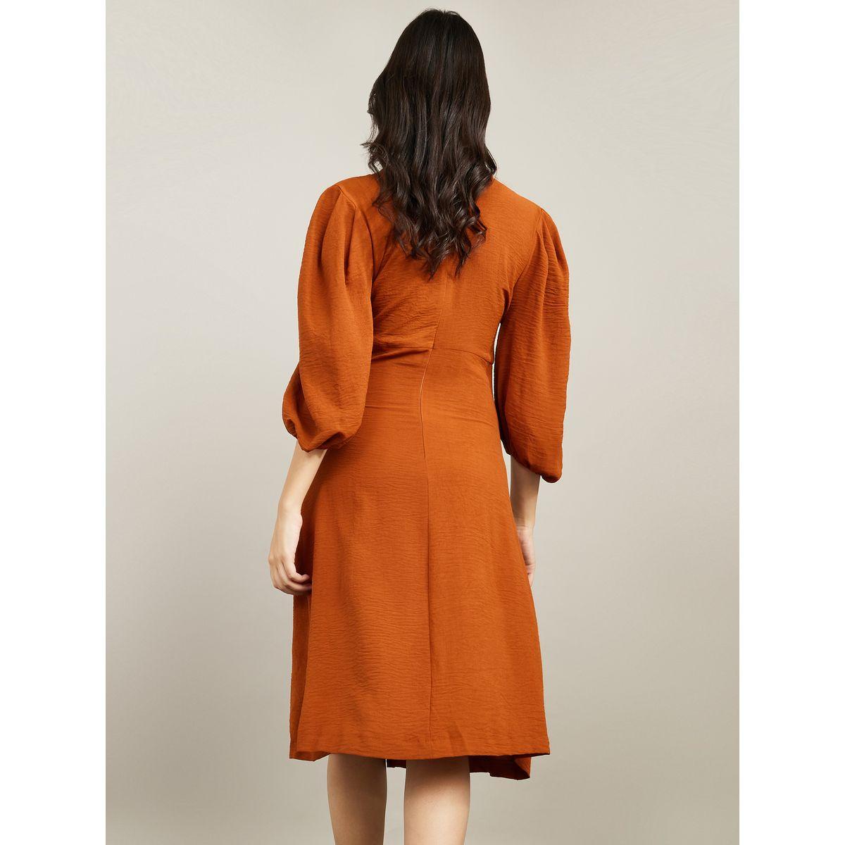 Styli 3/4 Sleeves V Neck Plain Sheath Midi Dress-women-clothing-dresses-image-4