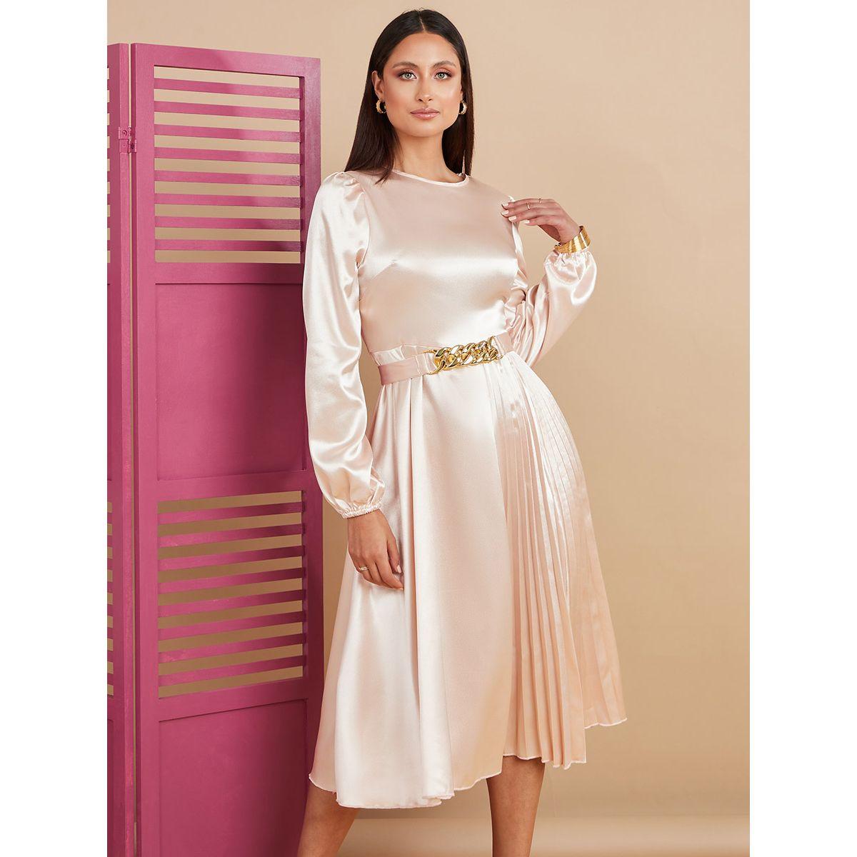 Styli Long Sleeves Round Neck Pleated A-Line Midi Dress-women-clothing-dresses-image-2