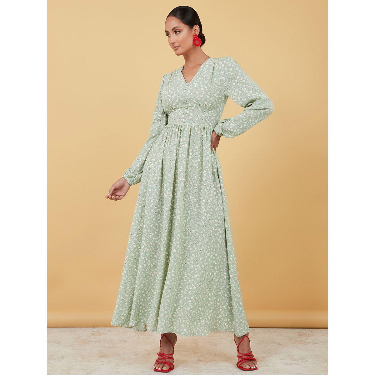 Styli Cuffed Volume Sleeves Floral Print A-Line Maxi Dress-women-clothing-dresses-image-1