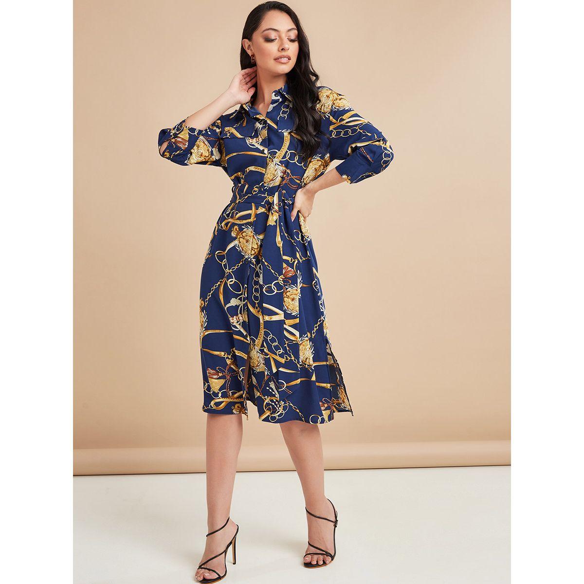 Styli 3/4 Sleeves Chain Print A-Line Shirt Midi Dress-women-clothing-dresses-image-1
