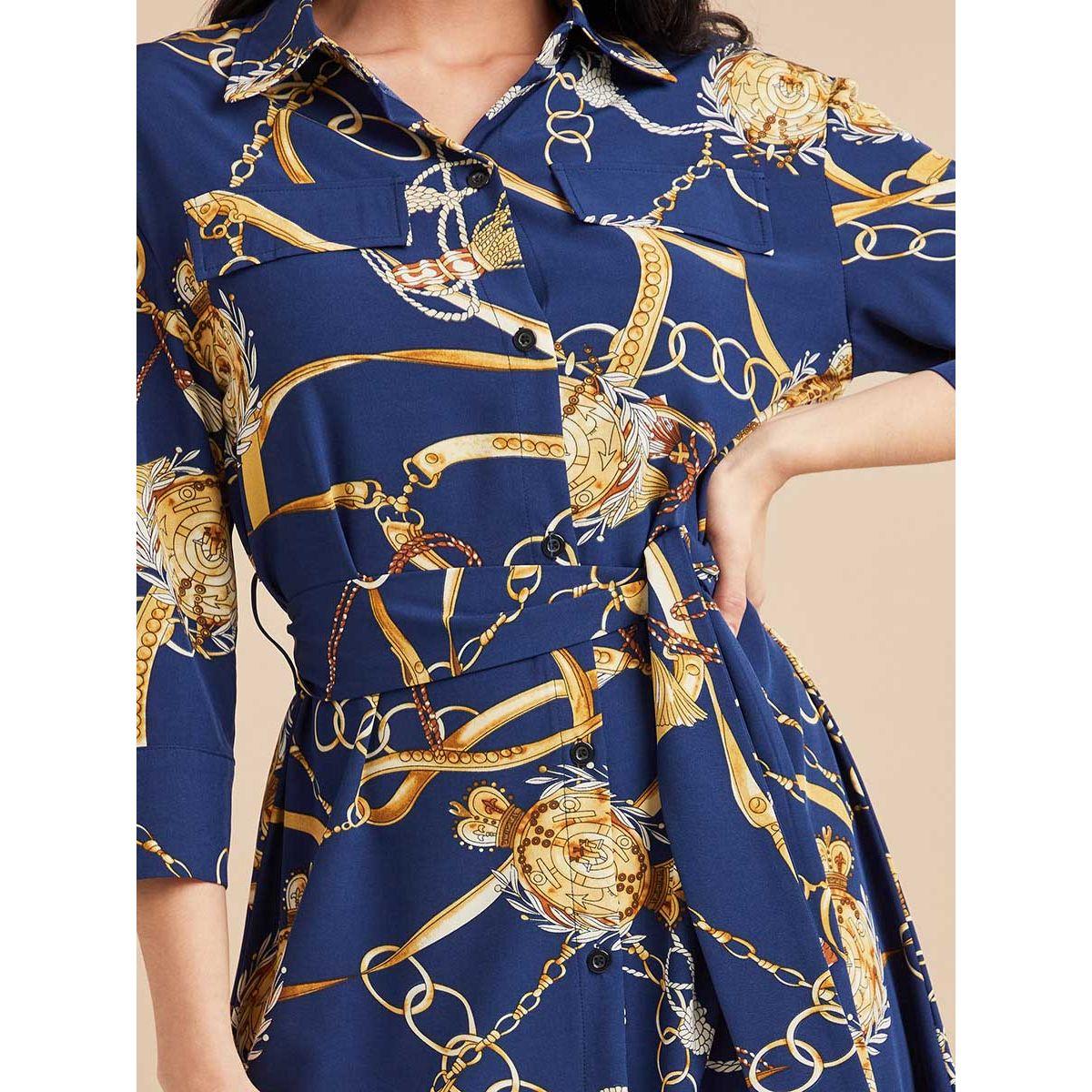 Styli 3/4 Sleeves Chain Print A-Line Shirt Midi Dress-women-clothing-dresses-image-3
