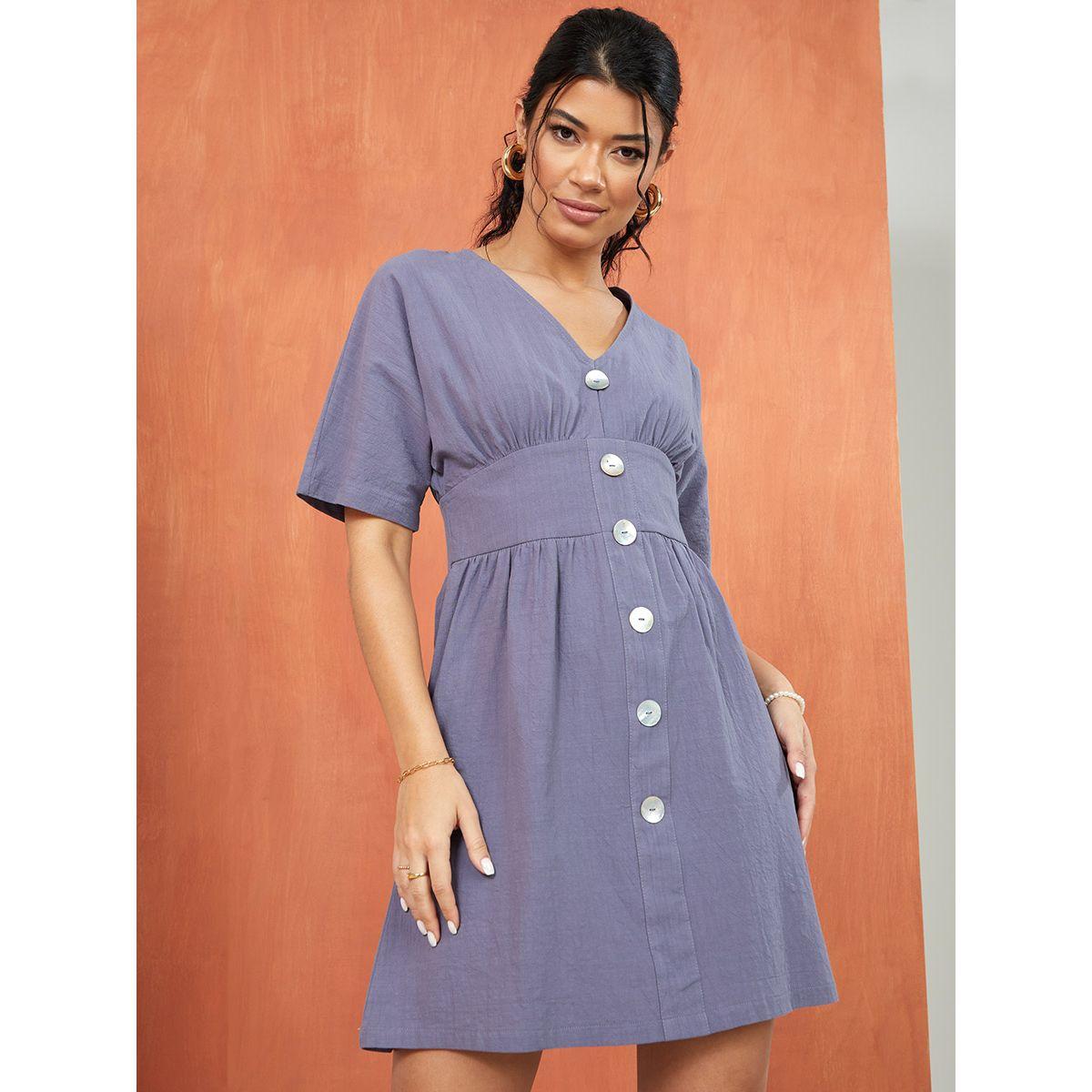 Styli Short Sleeves Front Button Detail Cotton A-Line Mini Dress-women-clothing-dresses-image-1