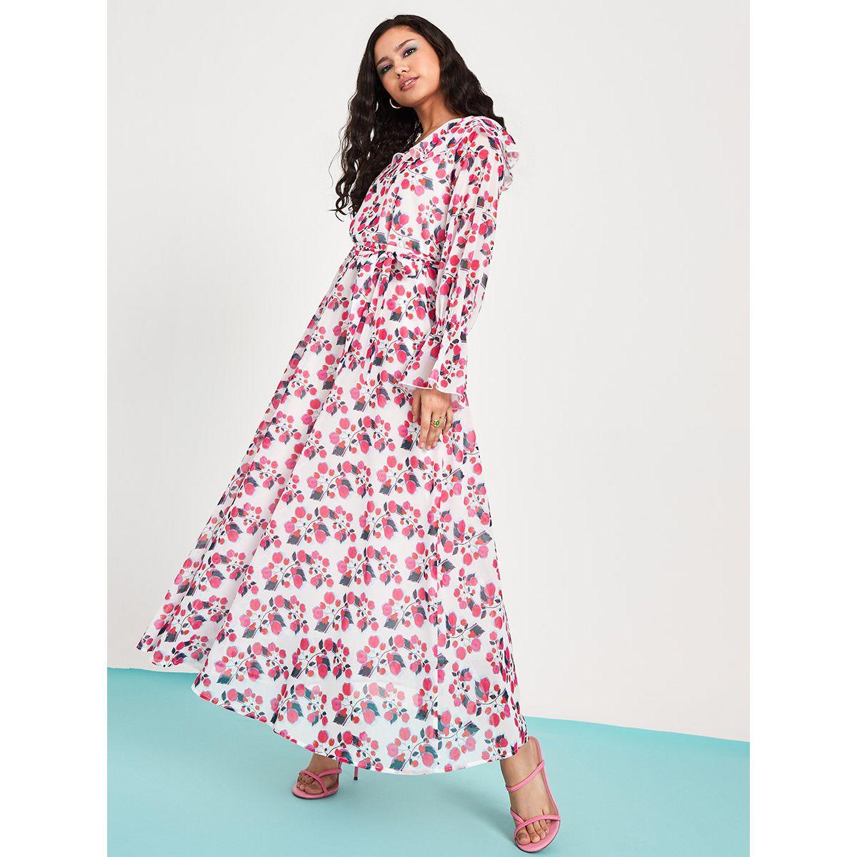 Styli Flare Sleeves Floral Print A-Line Maxi Dress with Tie Belt-women-clothing-dresses-image-1