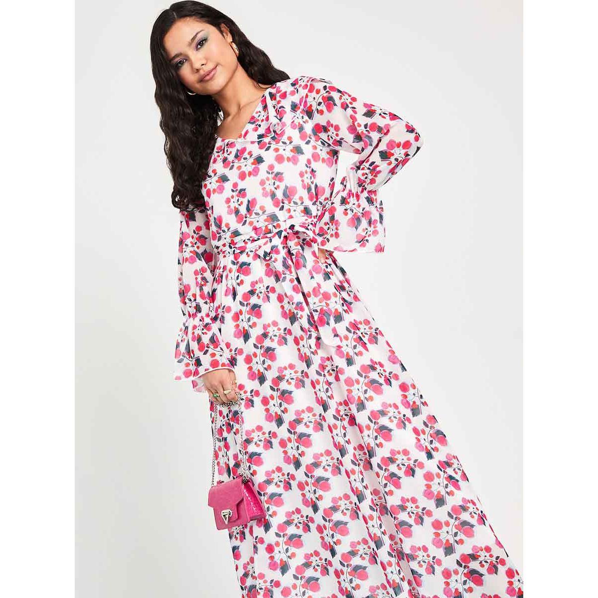 Styli Flare Sleeves Floral Print A-Line Maxi Dress with Tie Belt-women-clothing-dresses-image-2
