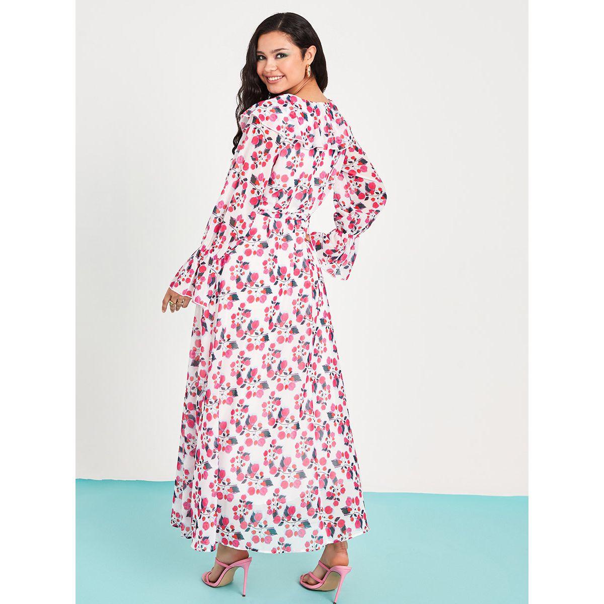 Styli Flare Sleeves Floral Print A-Line Maxi Dress with Tie Belt-women-clothing-dresses-image-4