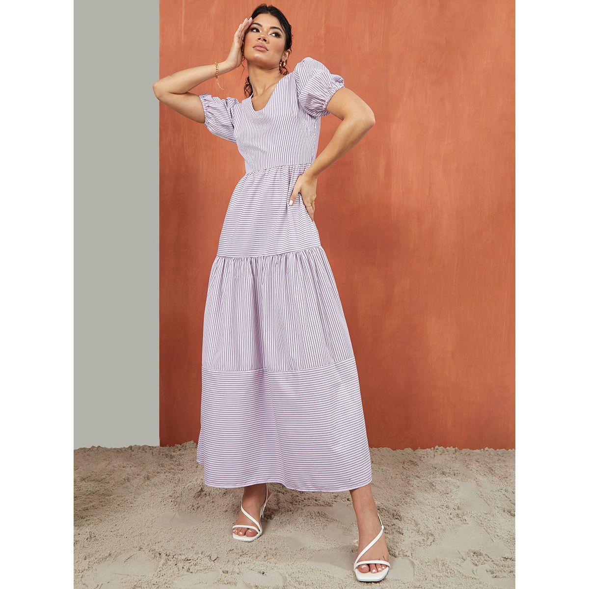 Styli Puff Sleeves Striped V Neck Tiered Maxi Dress-women-clothing-dresses-image-1