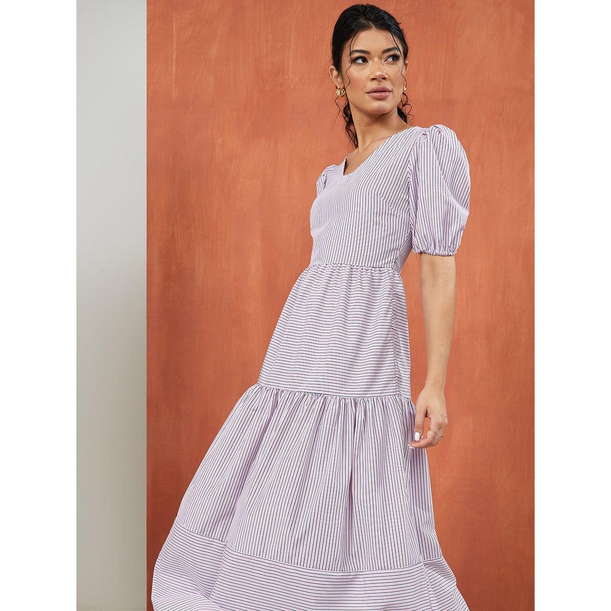 Styli Puff Sleeves Striped V Neck Tiered Maxi Dress-women-clothing-dresses-image-2