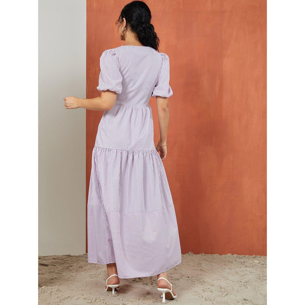 Styli Puff Sleeves Striped V Neck Tiered Maxi Dress-women-clothing-dresses-image-4