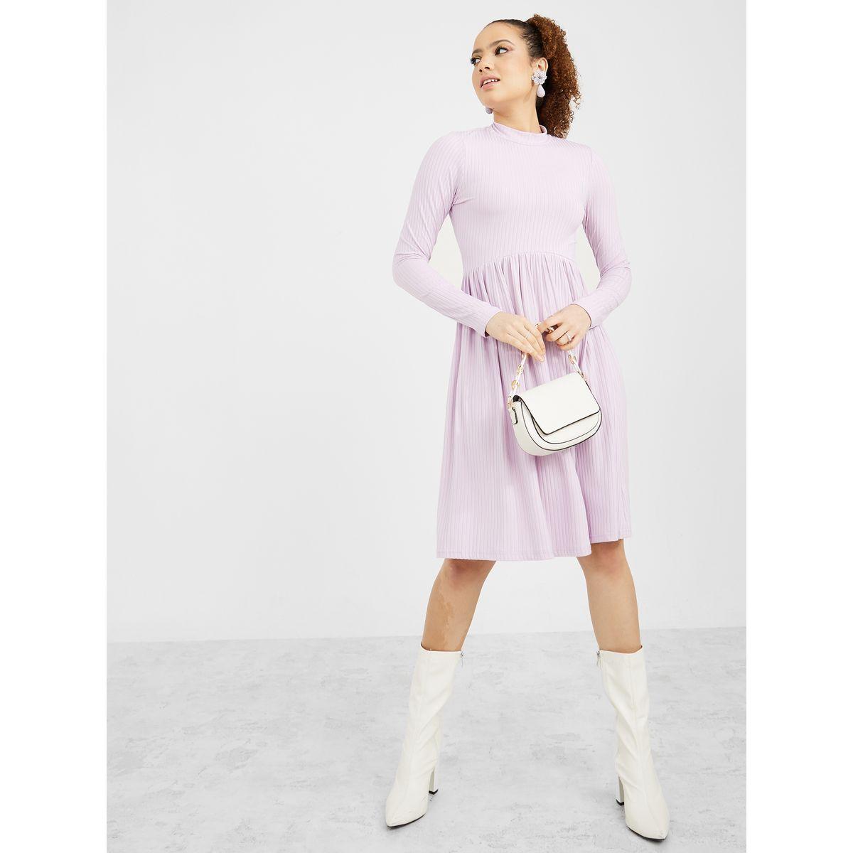 Styli Long Sleeves High Neck Rib Knee Length Dress-women-clothing-dresses-image-2