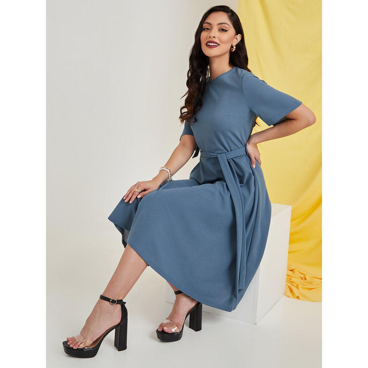 Styli Short Sleeves Round Neck A-Line Midi Dress with Tie Belt-women-clothing-dresses-image-2