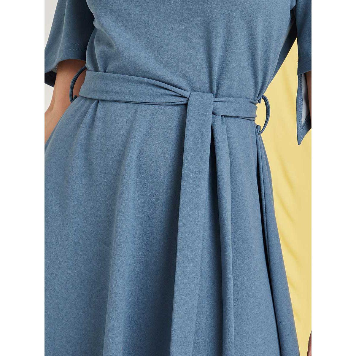 Styli Short Sleeves Round Neck A-Line Midi Dress with Tie Belt-women-clothing-dresses-image-3