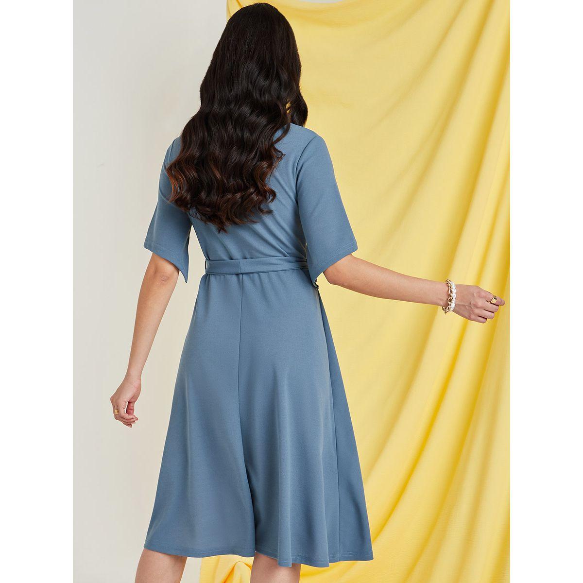 Styli Short Sleeves Round Neck A-Line Midi Dress with Tie Belt-women-clothing-dresses-image-4