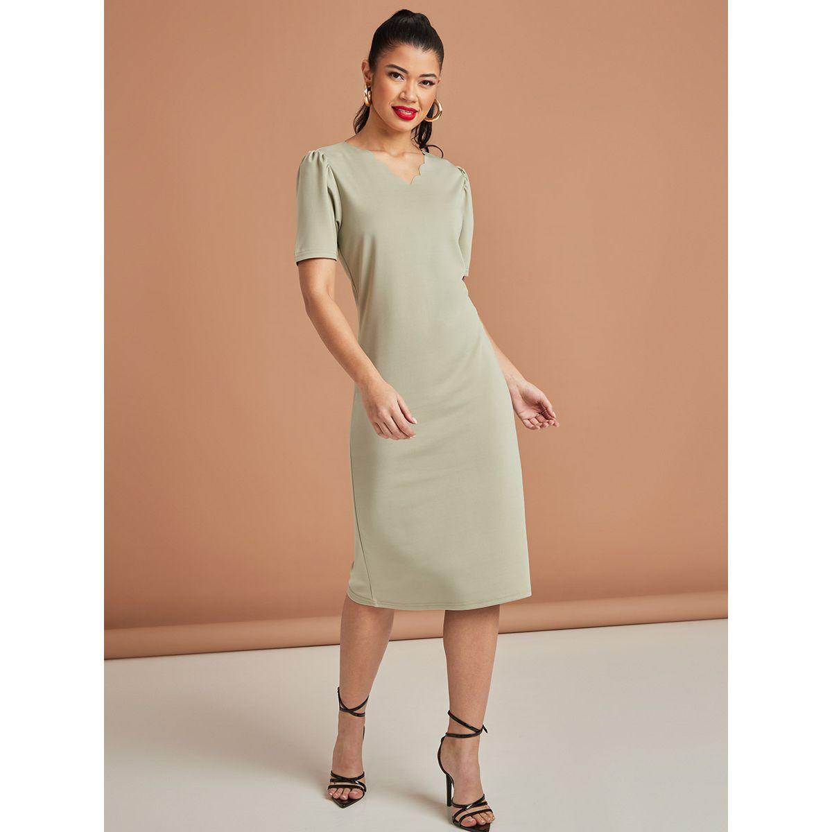 Styli Short Sleeves Scalloped Trim V Neck A-Line Midi Dress-women-clothing-dresses-image-2