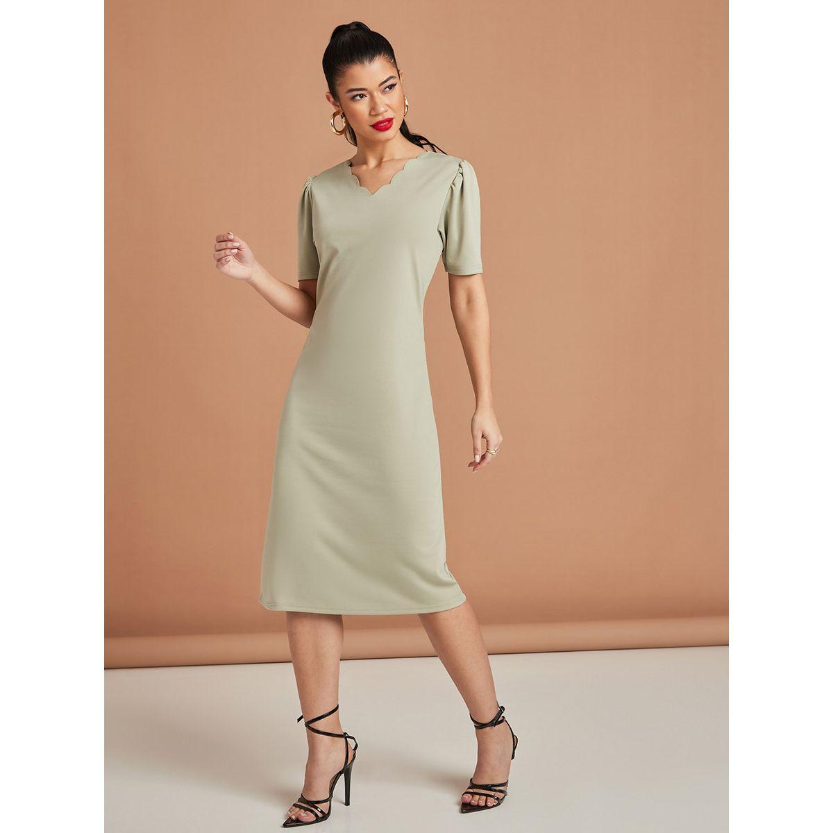 Styli Short Sleeves Scalloped Trim V Neck A-Line Midi Dress-women-clothing-dresses-image-3