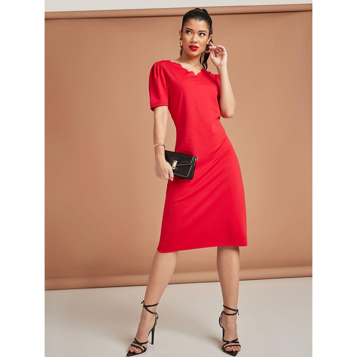 Styli Short Sleeves Scalloped Trim V Neck A-Line Midi Dress-women-clothing-dresses-image-1