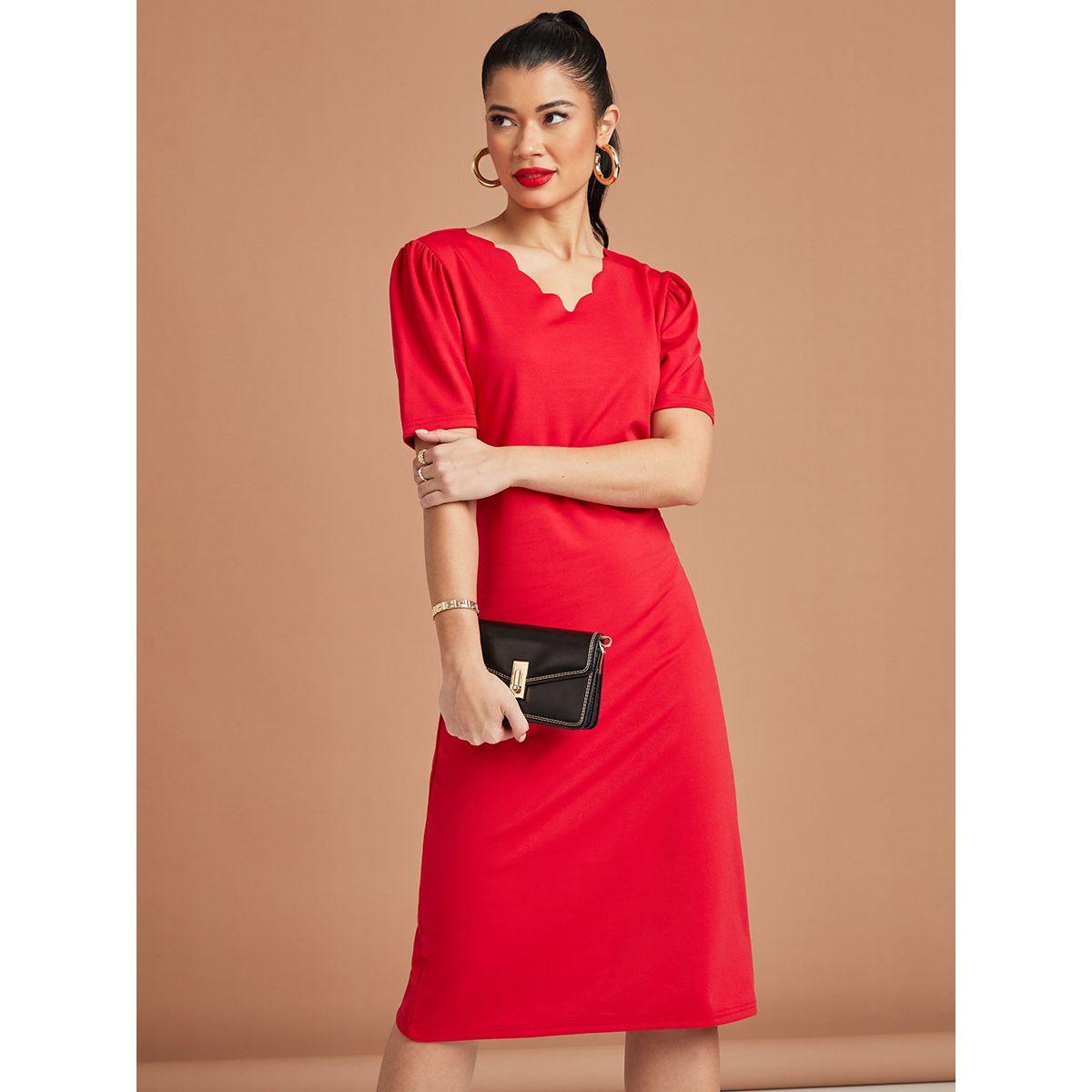Styli Short Sleeves Scalloped Trim V Neck A-Line Midi Dress-women-clothing-dresses-image-2