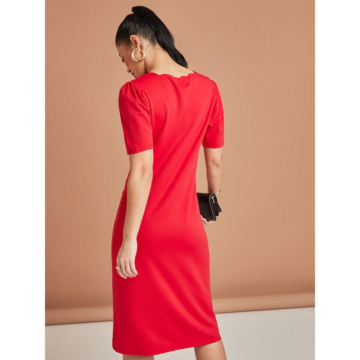 Styli Short Sleeves Scalloped Trim V Neck A-Line Midi Dress-women-clothing-dresses-image-4