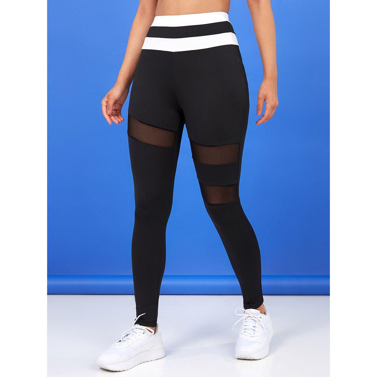 Styli Striped Contrast Waistband Double Mesh Insert Active Leggings-women-clothing-sportswearandactivewear-bottoms-image-1