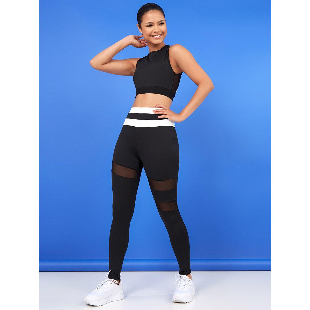 Styli Striped Contrast Waistband Double Mesh Insert Active Leggings-women-clothing-sportswearandactivewear-bottoms-image-2