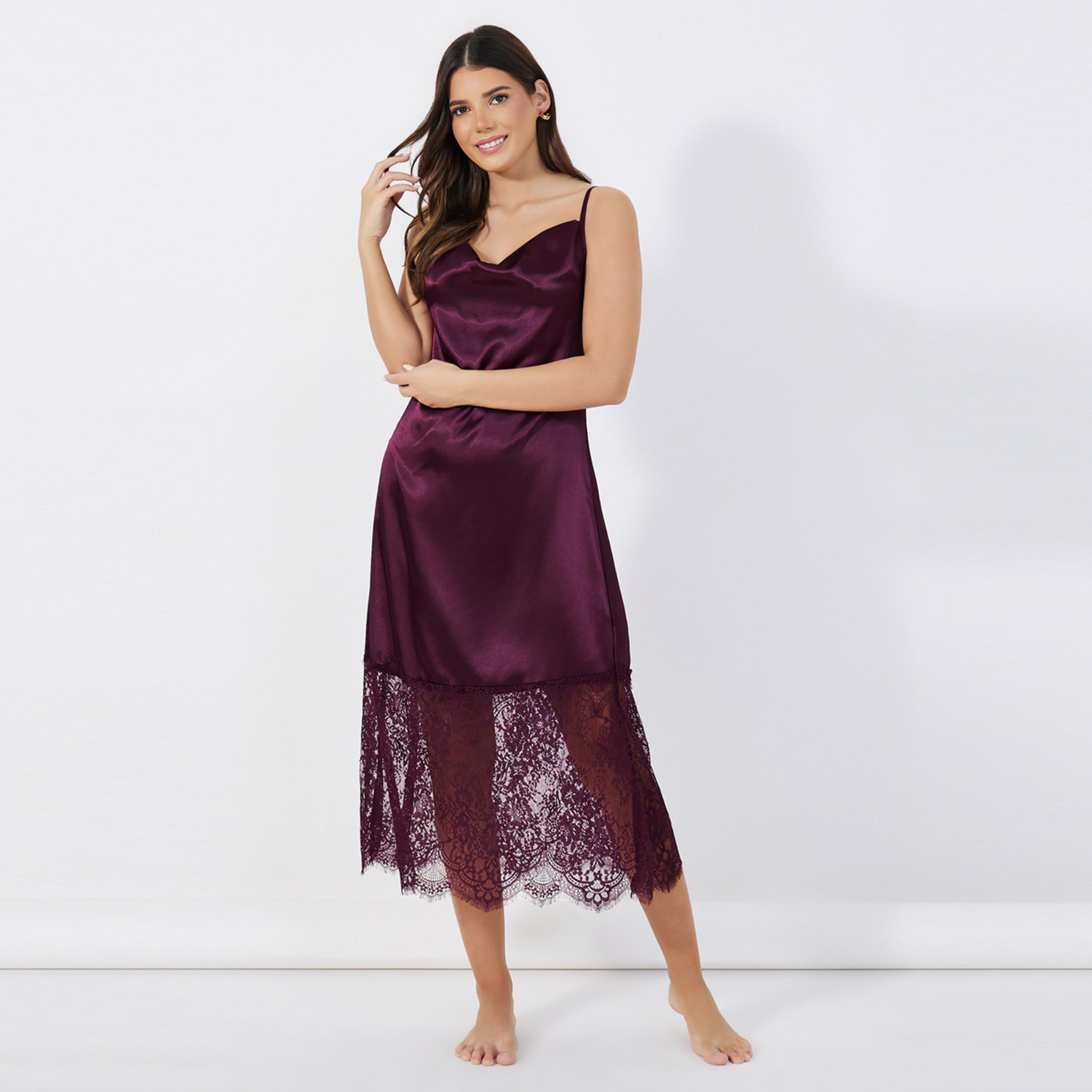Styli Unwind Satin Cowl Neck Cami Lace Detail Slip Dress-women-clothing-nightwear-nighties-image-1